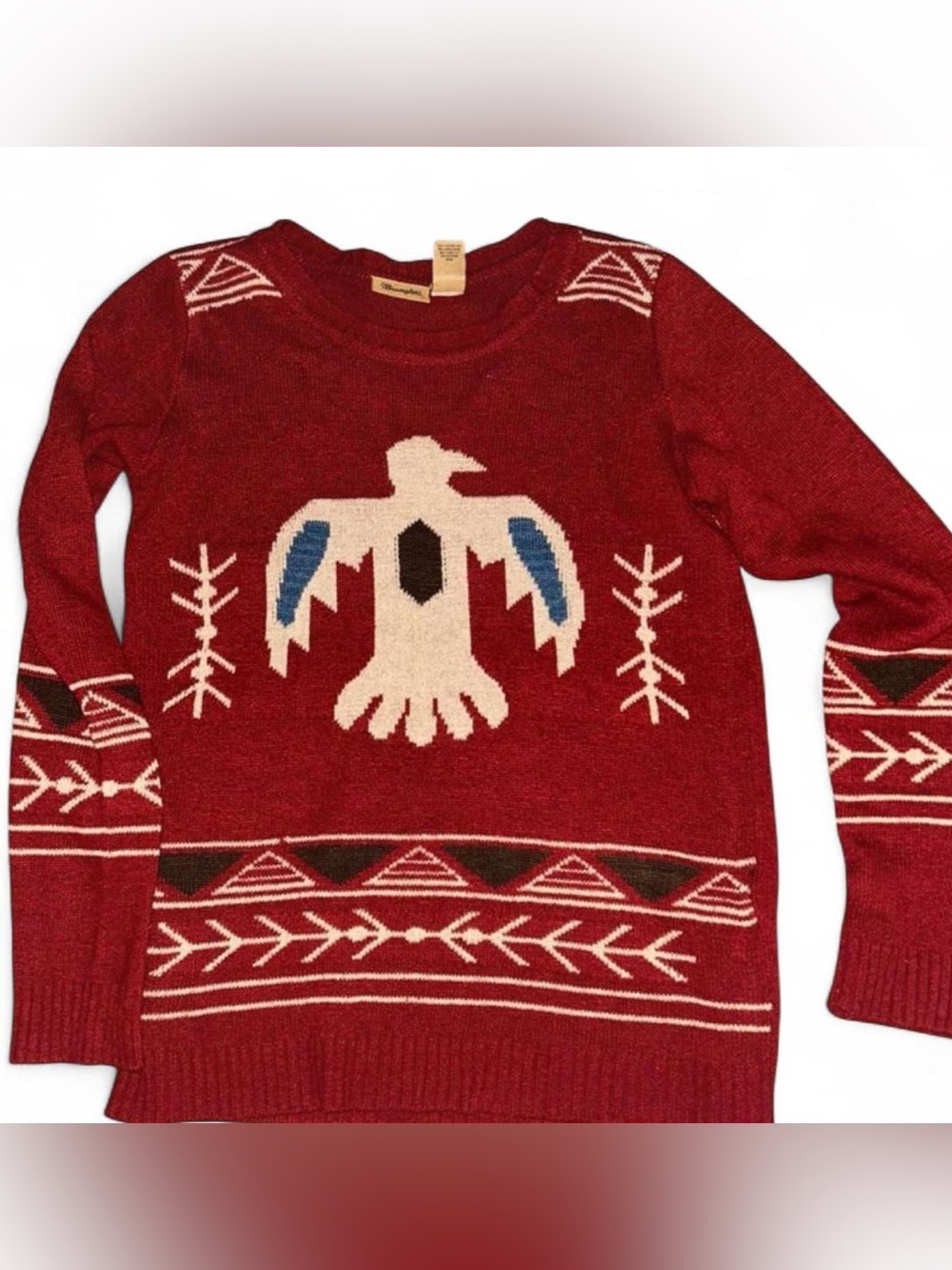 Wrangler red sweater w native style thunderbird graphic in blue and white Small